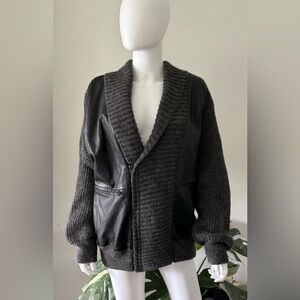 SALVATORE FERRAGAMO Black- Grey Wool/Alpaca/Camel/Leather Cardigan